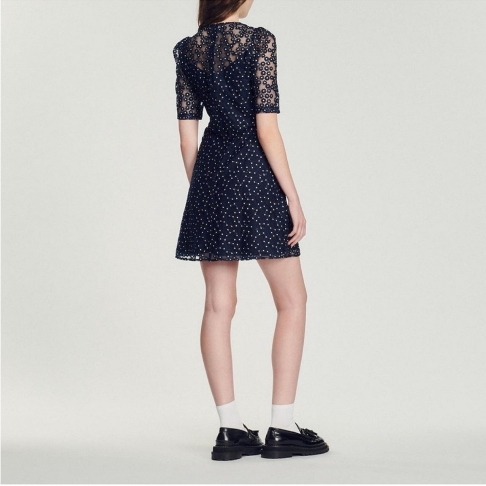 SANDRO Lucianita Dress Navy Lace Mini Dress with Beaded Collar 38 - Picture 5 of 15